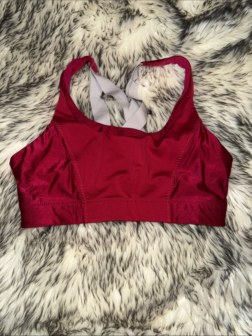 Fabletics Burgundy Sports Bra with Light Gray Crisscross Straps